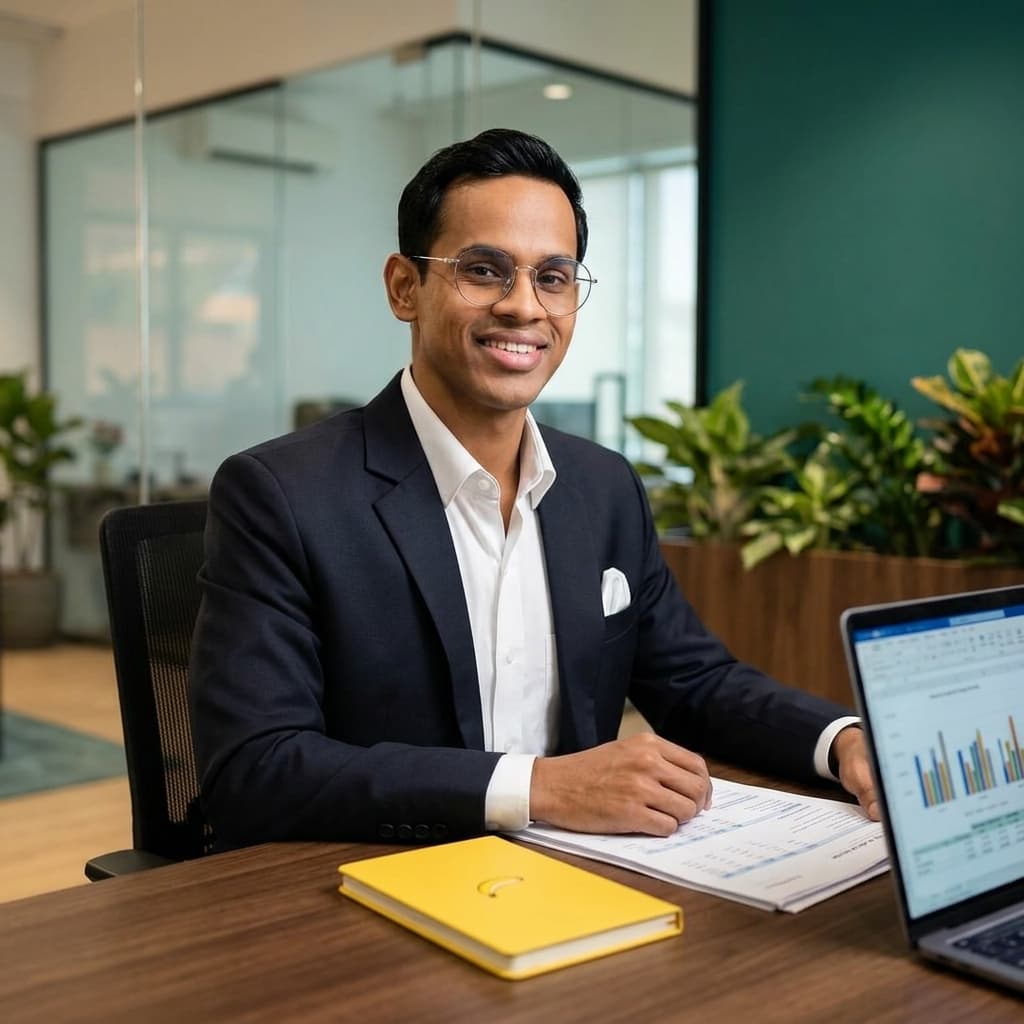 CA Dhirender Tiwari conducting a corporate consultation at his desk